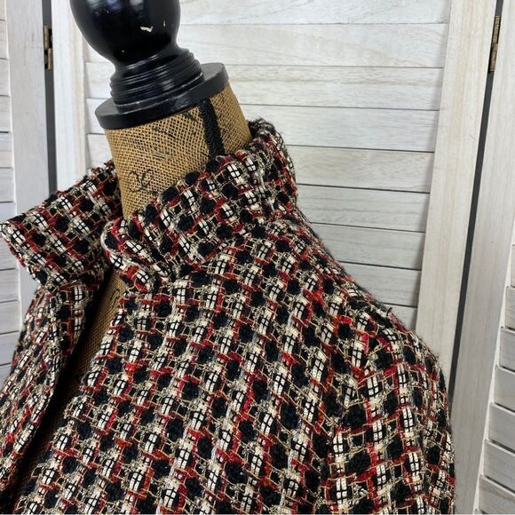 Chicos Tweed Metallic High Neck Open Front Blazer Jacket Red Black Gold Medium - Picture 5 of 14
